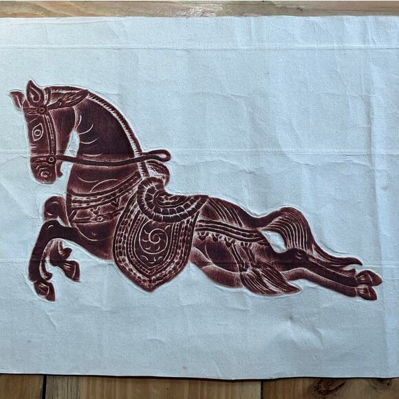 Vintage Thai Stone Rubbing on rice paper. Brownish red. Horse. Decor. 18x13" - Picture 7 of 9